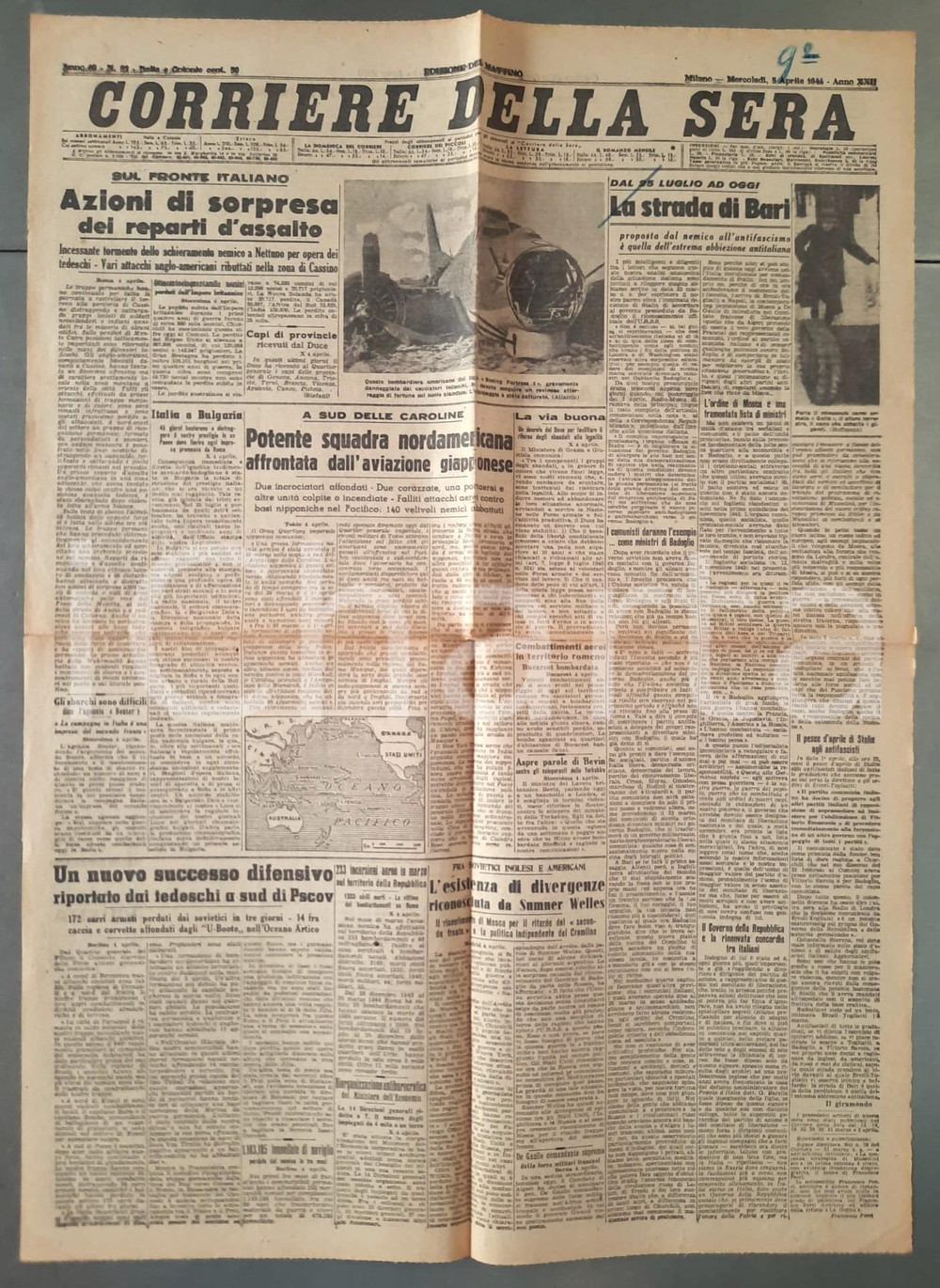 Giornale, rivista storica 1944 CORRIERE DELLA SERA Tormento dello schieramento alleato a Nettuno Giornale 1