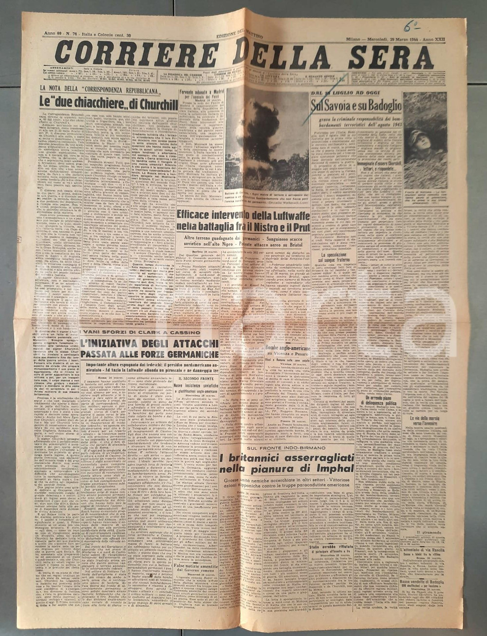 Giornale, rivista storica 1944 WW2 CORRIERE DELLA SERA Le due chiacchiere di Churchill Giornale 1