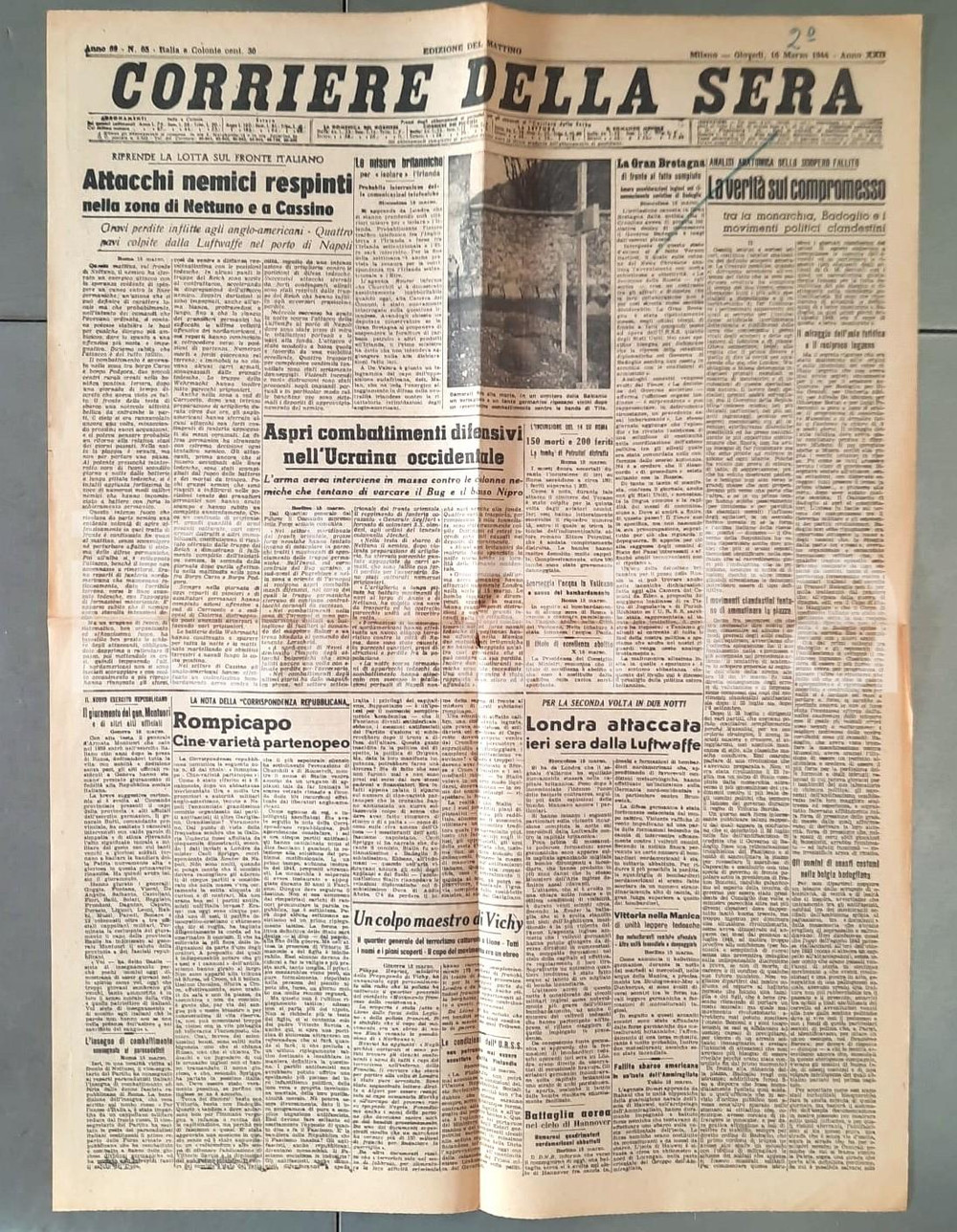 Giornale, rivista storica 1944 WW2 CORRIERE DELLA SERA Attacchi respinti a Nettuno e Cassino Giornale 1