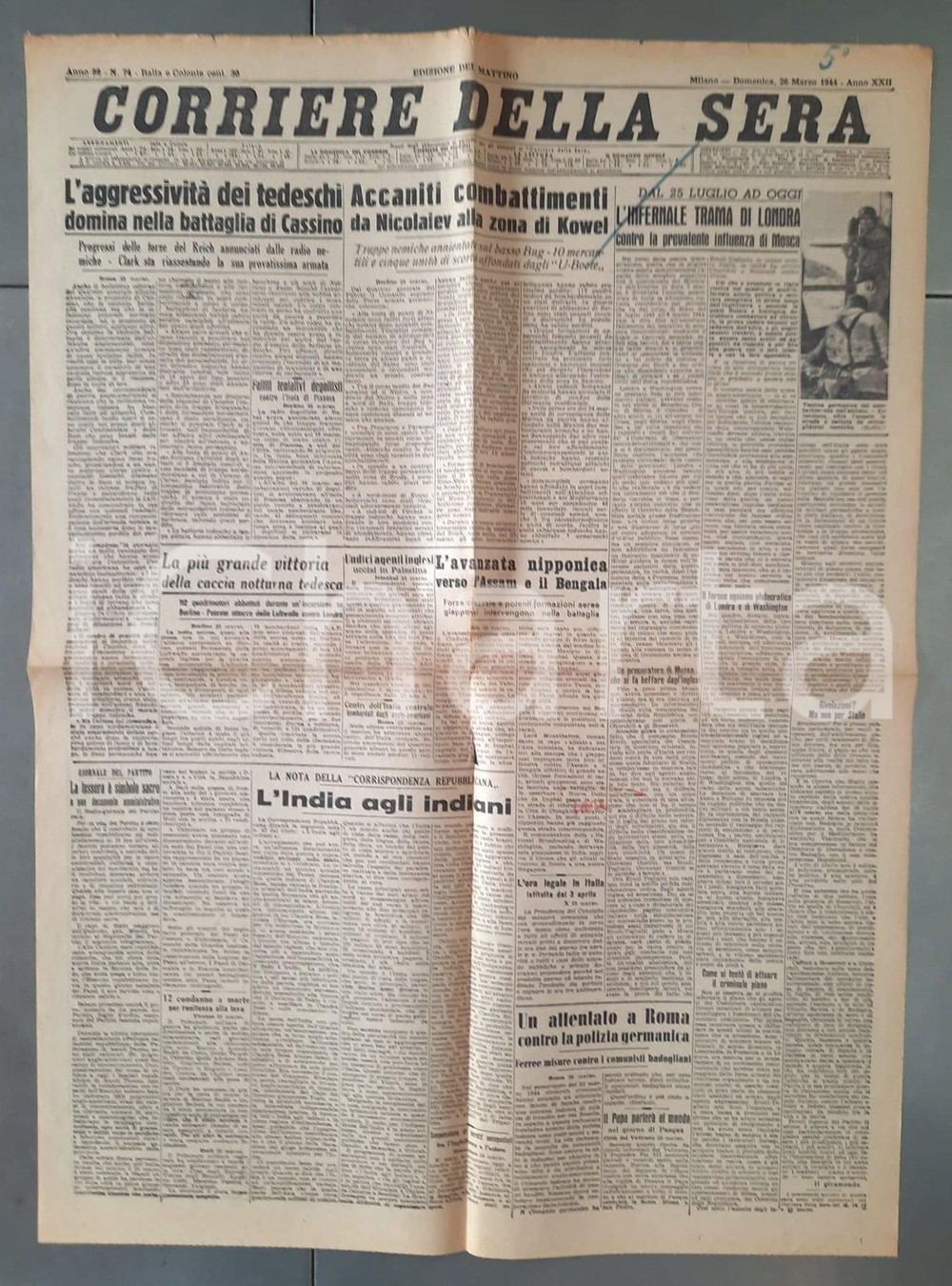 Giornale, rivista storica 1944 WW2 CORRIERE DELLA SERA Aggressività dei tedeschi a Cassino Giornale 1