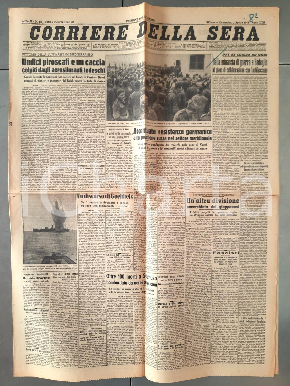 Giornale, rivista storica 1944 WW2 CORRIERE DELLA SERA Fronte di Cassino  Sciaffusa bombardata Giornale 1