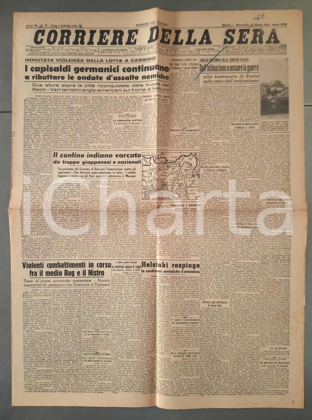 Giornale, rivista storica 1944 WW2 CORRIERE DELLA SERA Battaglia a Cassino  Varcato il confine indiano 1