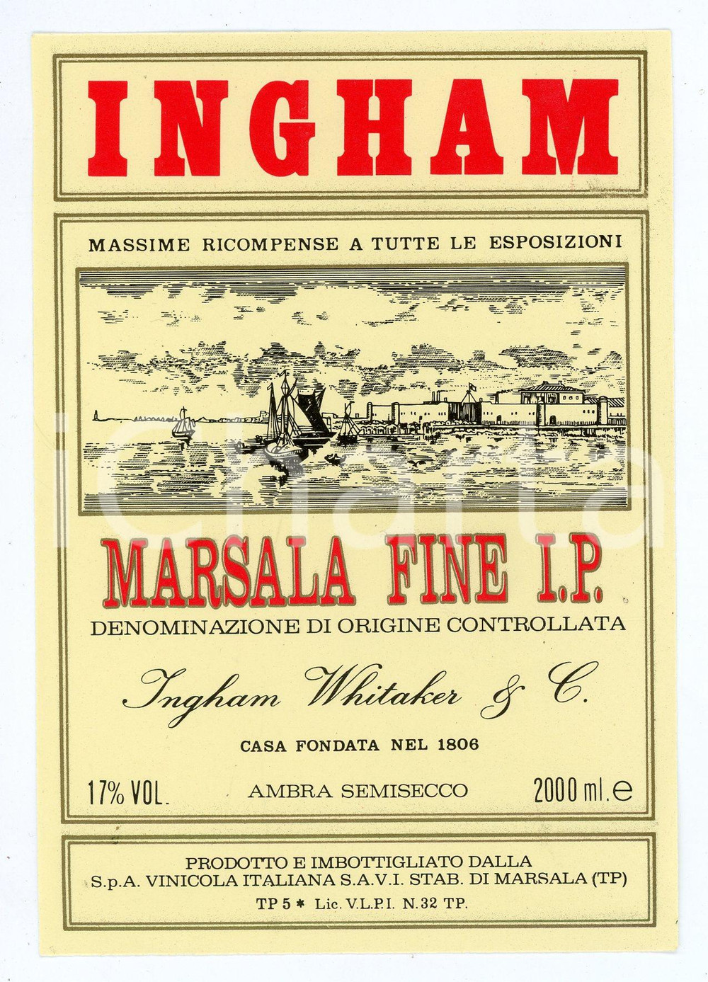 Materiale pubblicitario d’epoca 1970 ca INGHAM Marsala fine I.P.  Etichetta ILLUSTRATA 9x14 cm 1