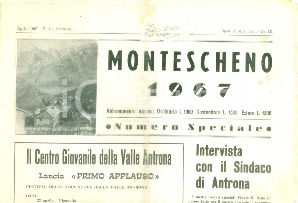 Giornale, rivista storica 1967 MONTESCHENO Concerto del Centro Giovanile VALLE ANTRONA DANNEGGIATO 1