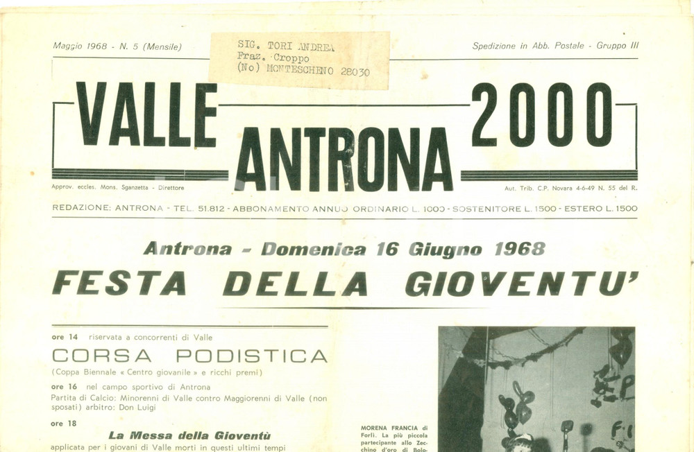 Giornale, rivista storica 1968 Mensile LA VALLE ANTRONA Programma della Festa della Gioventù Giornale 1