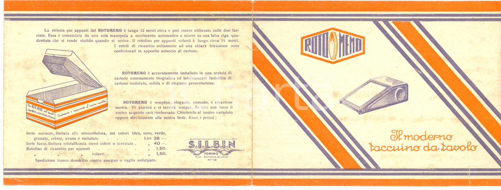 Materiale pubblicitario d’epoca 1940 ca TORINO Ditta SILBIN  ROTOMEMO Moderno taccuino da tavolo  Dépliant 1