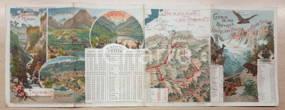 Materiale pubblicitario d’epoca 1902 SUISSE  Chemin de fer Rhétique   LANDQUART  DAVOS Pieghevole illustrato 1