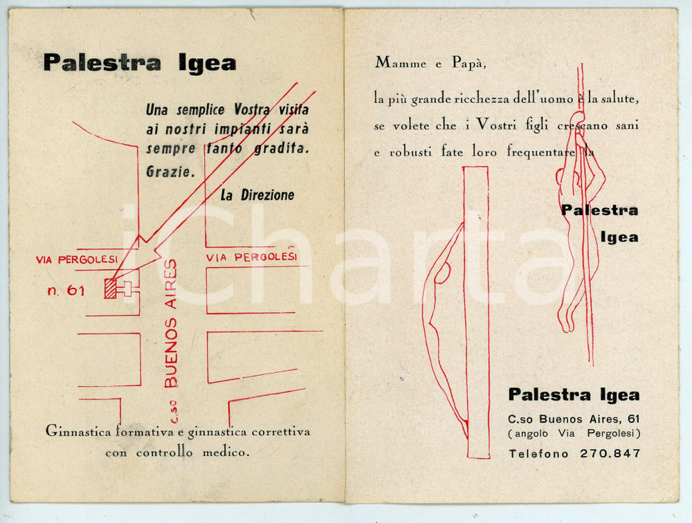 Materiale pubblicitario d’epoca 1970 ca MILANO Corso Buenos Aires 61 PALESTRA IGEA Pieghevole 1
