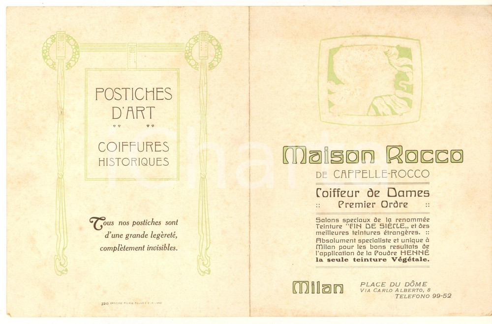 Materiale pubblicitario d’epoca 1915 ca MILANO DUOMO Maison ROCCO Coiffeur dames  Postiches Biglietto 1