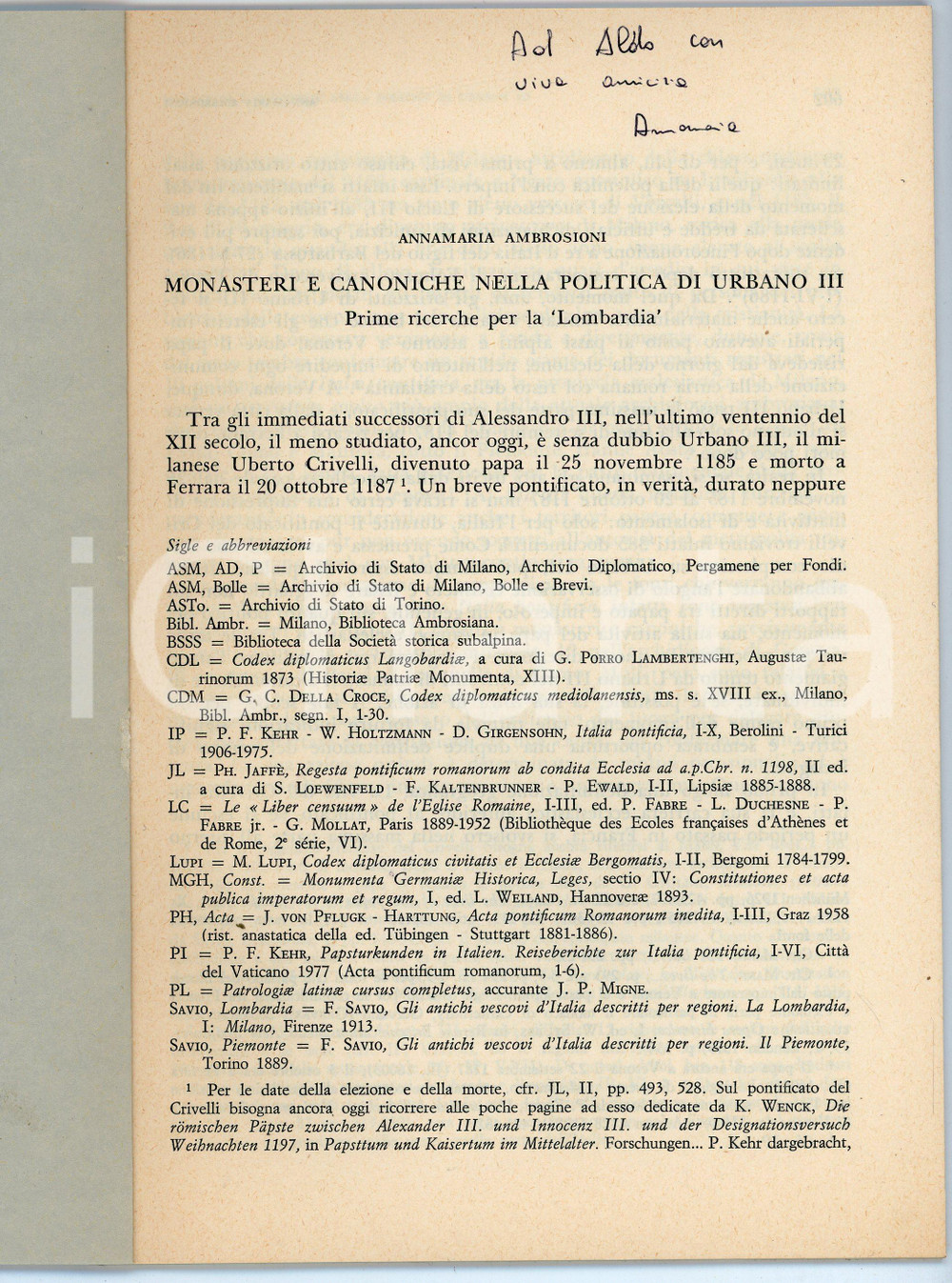 Libro, pubblicazione d epoca 1980 Annamaria AMBROSIONI Monasteri nella politica di Urbano III Invio AUTOGRAFO 1