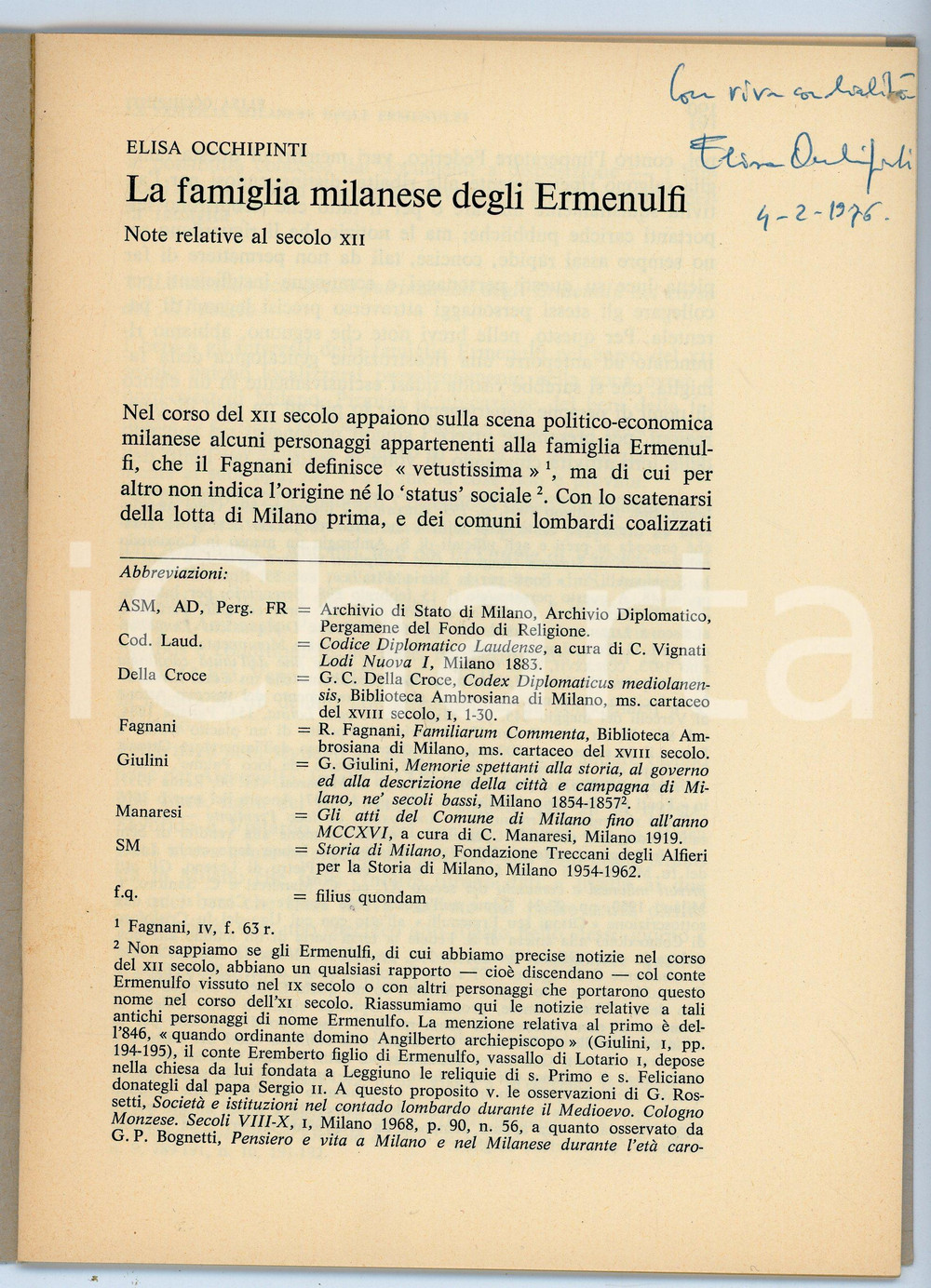 Libro, pubblicazione d epoca 1975 Elisa OCCHIPINTI La famiglia milanese degli Ermenulfi  Invio AUTOGRAFO 1