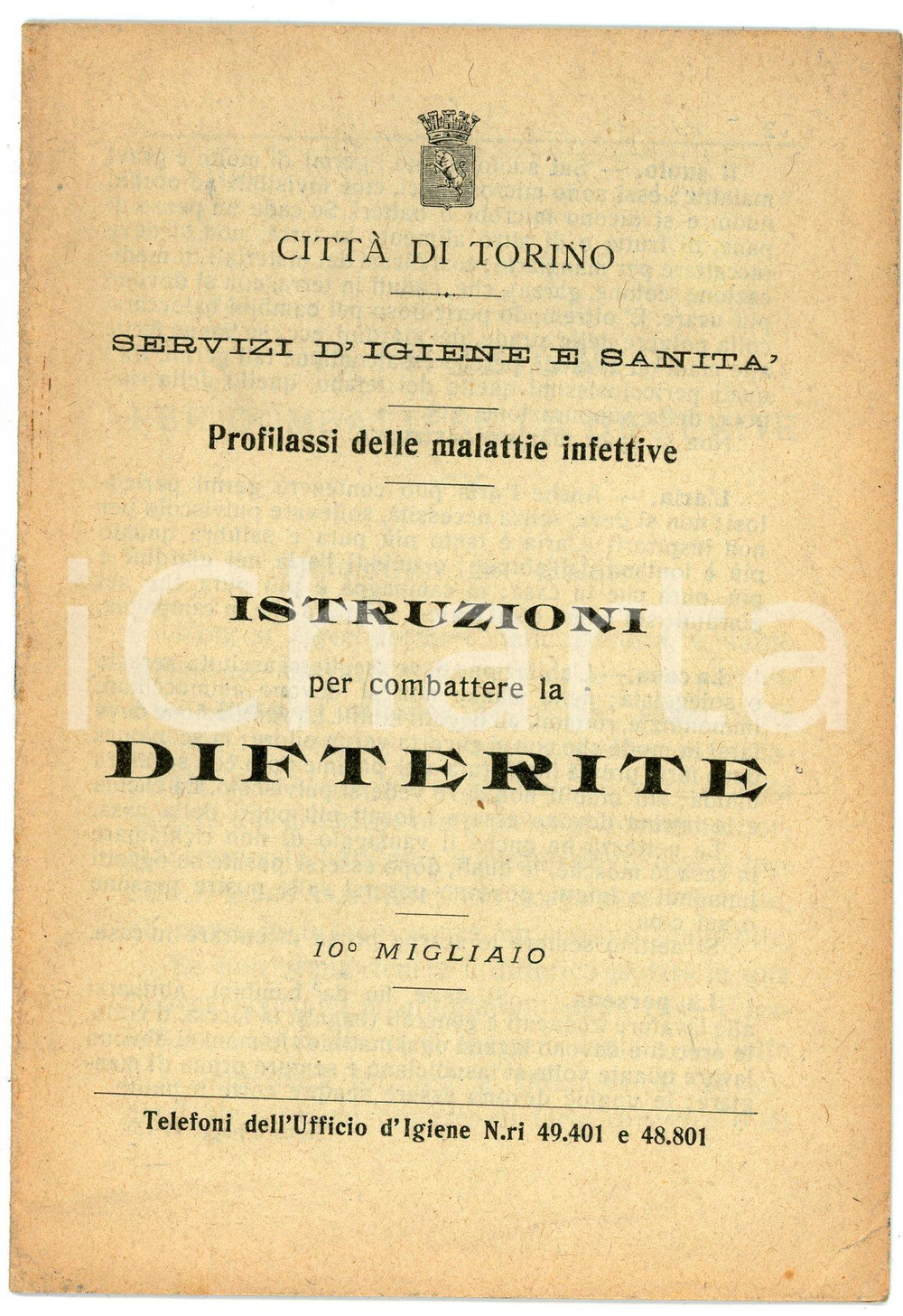 Libro, pubblicazione d epoca 1924 TORINO Servizi d igiene e sanità  Istruzioni per combattere la difterite 1