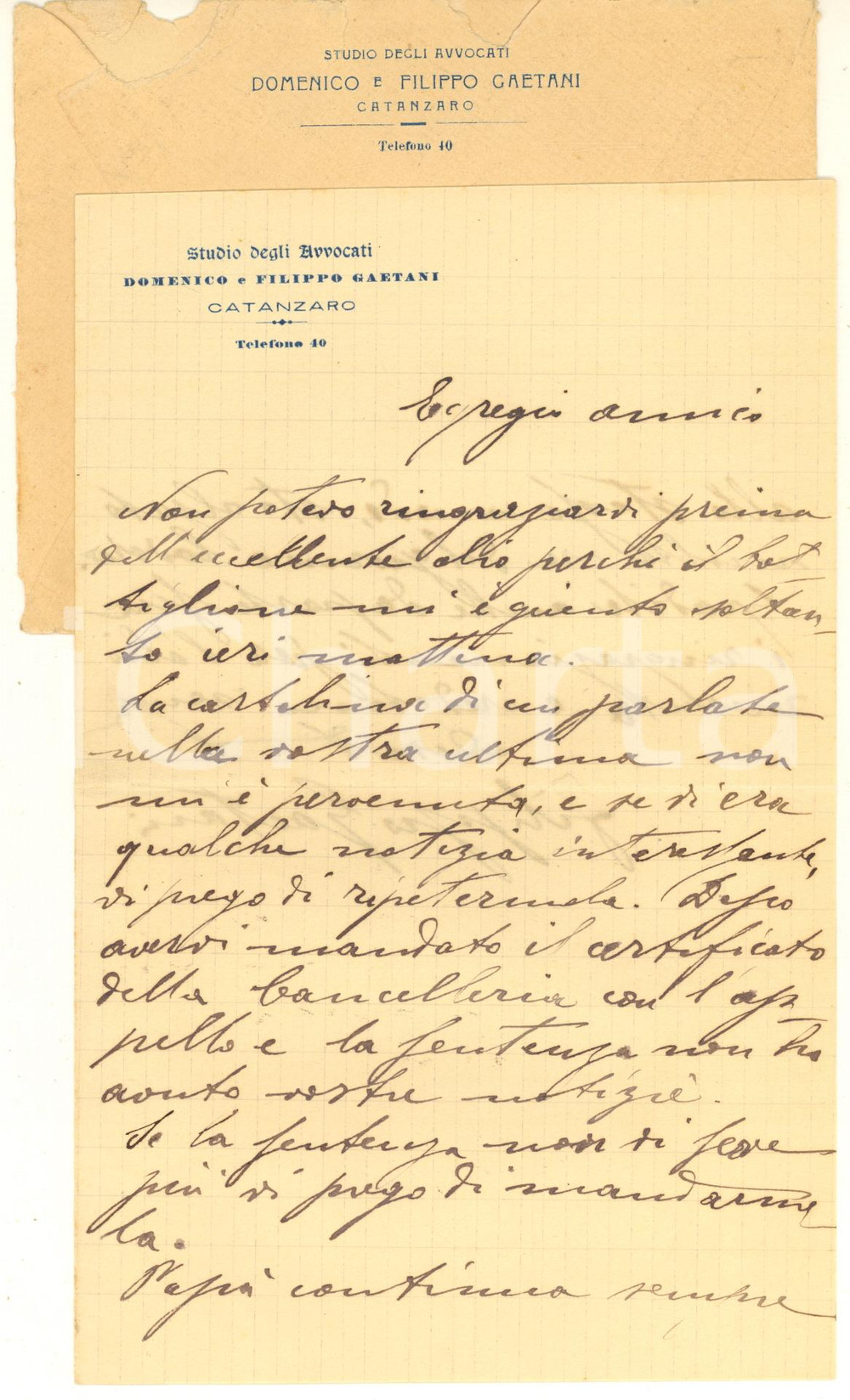 Manoscritto, lettera originale 1913 CATANZARO Avv. Filippo GAETANI  Olio ricevuto e cancelleria Autografo 1