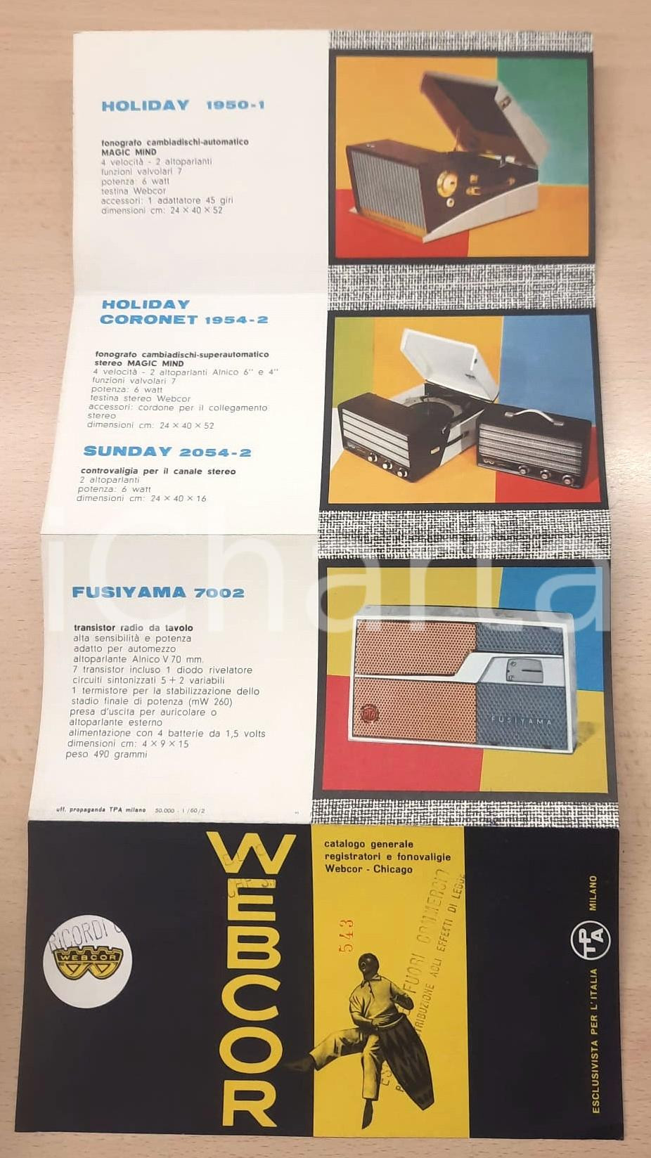 Materiale pubblicitario d’epoca 1960 CHICAGO  WEBCOR  Catalogo registratori e fonovaligie Pieghevole 1