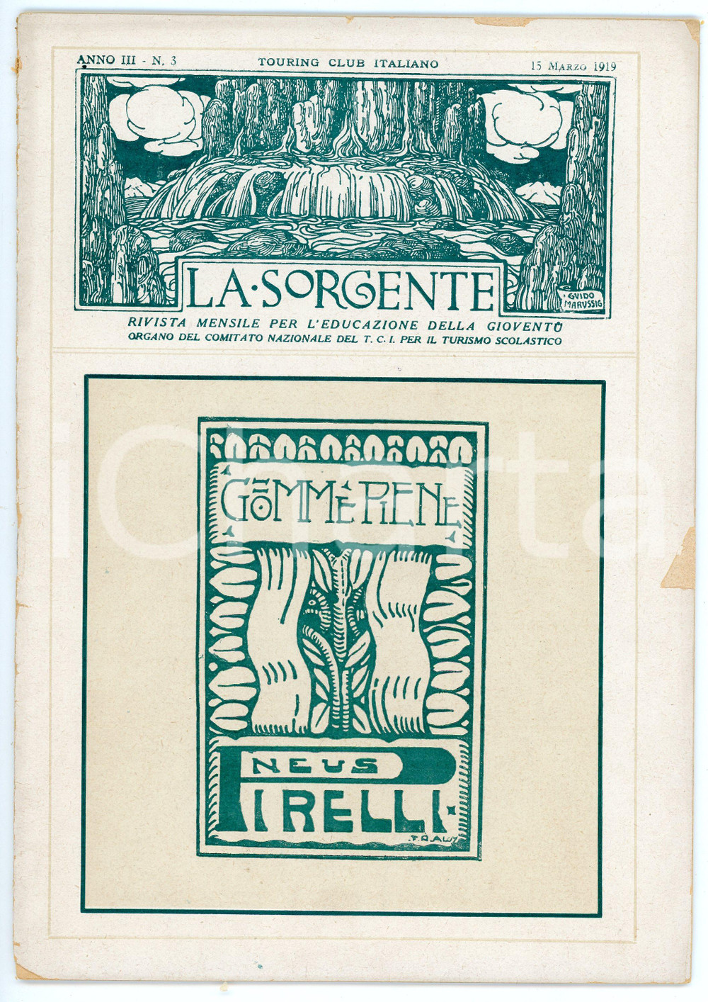 Giornale, rivista storica 1919 TOURING CLUB ITALIANO LA SORGENTE Natale di Roma su VETTA D ITALIA Rivista 1