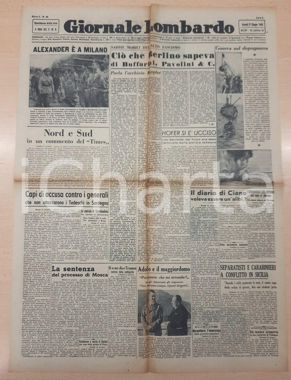 Giornale, rivista storica 1945 WW2 GIORNALE LOMBARDO Archivio Kappler sui fascisti  Diario di Ciano 1