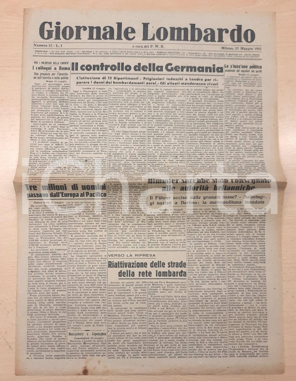 Giornale, rivista storica 1945 WW2 GIORNALE LOMBARDO Hitler ucciso dalle granate russe? Sabotaggi nazisti 1