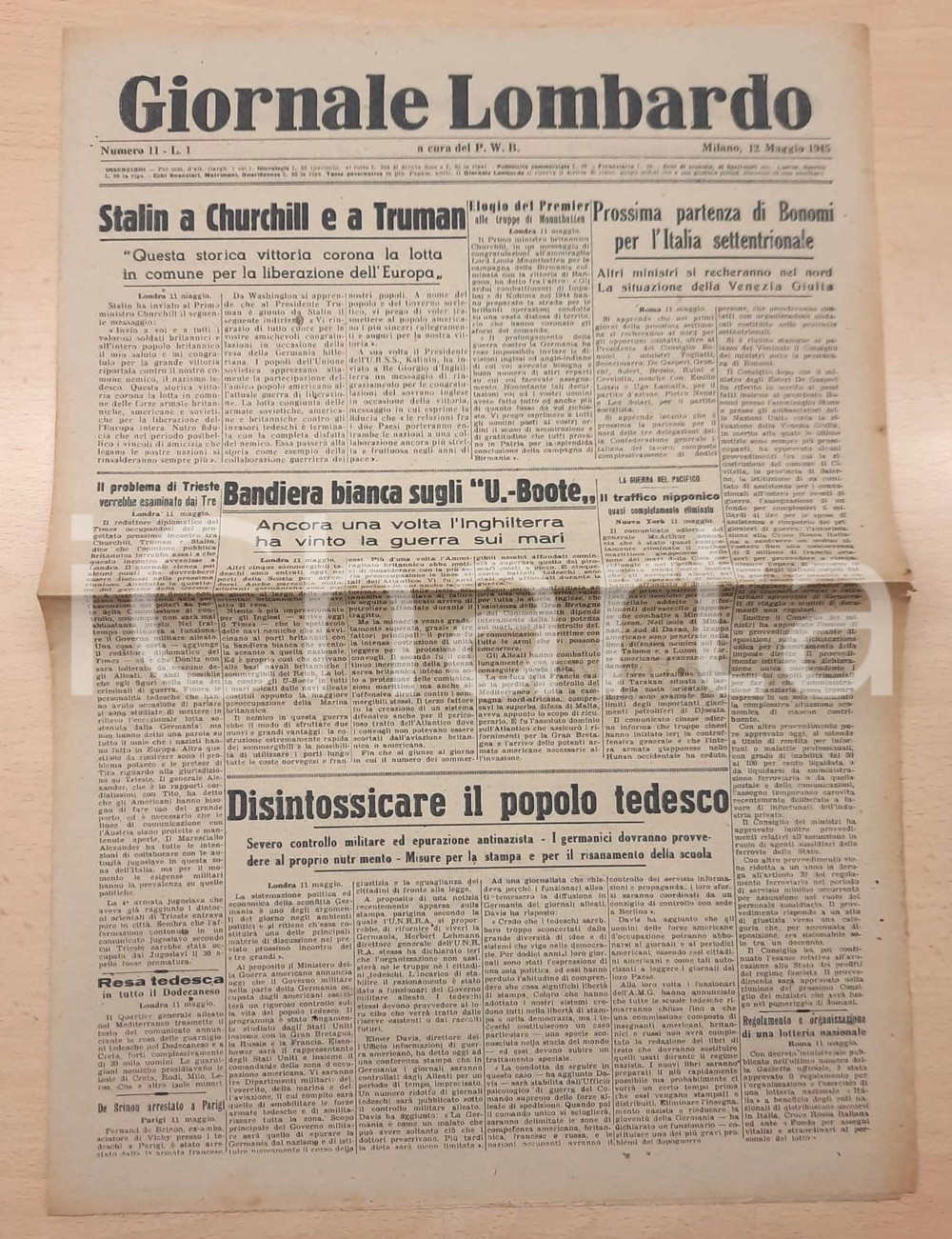 Giornale, rivista storica 1945 WW2 GIORNALE LOMBARDO Epurazione antinazista  Stalin su liberazione Europa 1