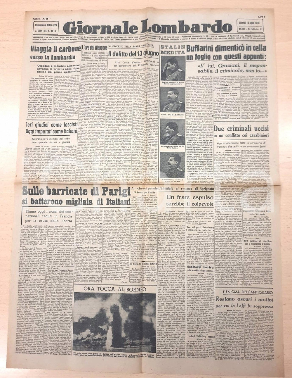 Giornale, rivista storica 1945 WW2 GIORNALE LOMBARDO Processo banda Mustacia  Carbone alla Lombardia 1