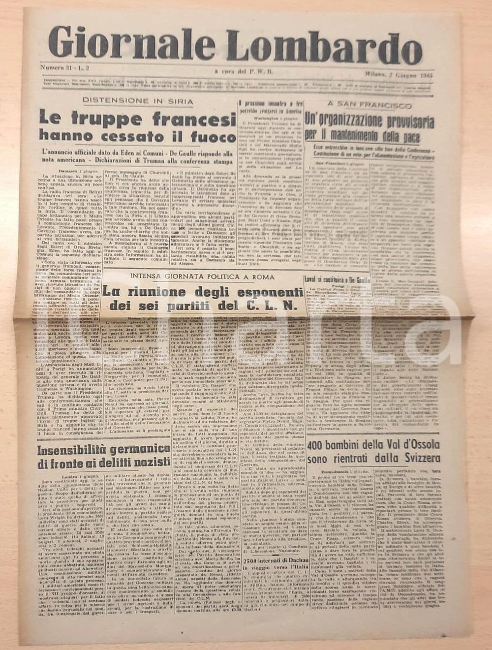 Giornale, rivista storica Giugno 1945 WW2 GIORNALE LOMBARDO Cessate il fuoco in Siria  Osaka in fiamme 1