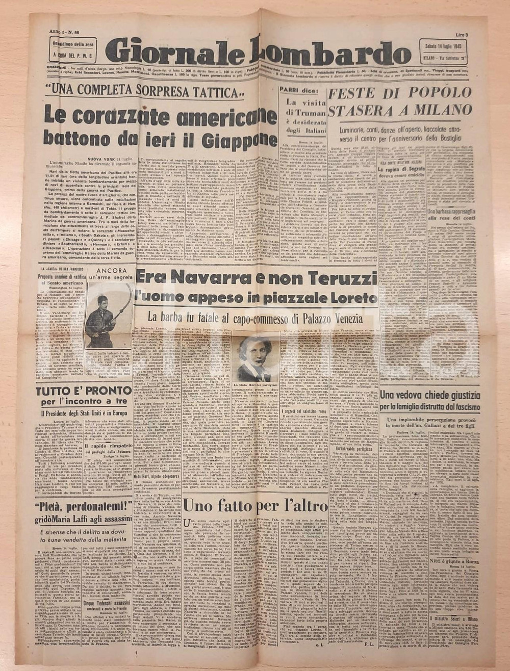 Giornale, rivista storica 1945 GIORNALE LOMBARDO Quinto NAVARRA appeso a Piazzale Loreto  Germana MASTI 1
