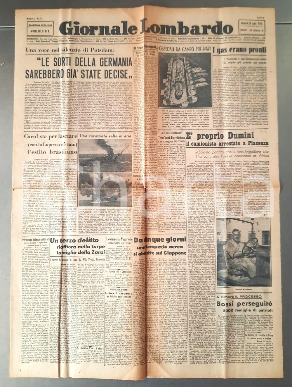 Giornale, rivista storica 1945 WW2 GIORNALE LOMBARDO Arresto Amerigo Dumini  Conferenza di Potsdam 1