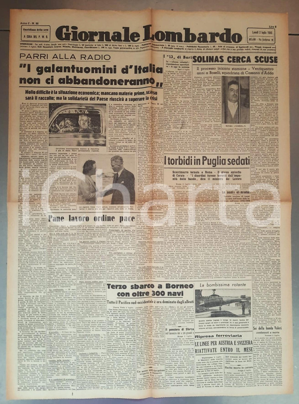 Giornale, rivista storica 1945 WW2 GIORNALE LOMBARDO Ferruccio PARRI alla radio  Processo al gen. Solinas 1