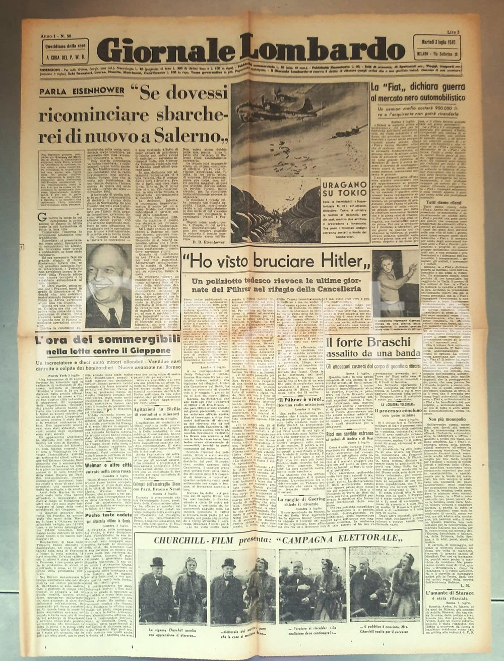 Giornale, rivista storica 1945 GIORNALE LOMBARDO Ho visto bruciare Hitler  Guerra FIAT al mercato nero 1