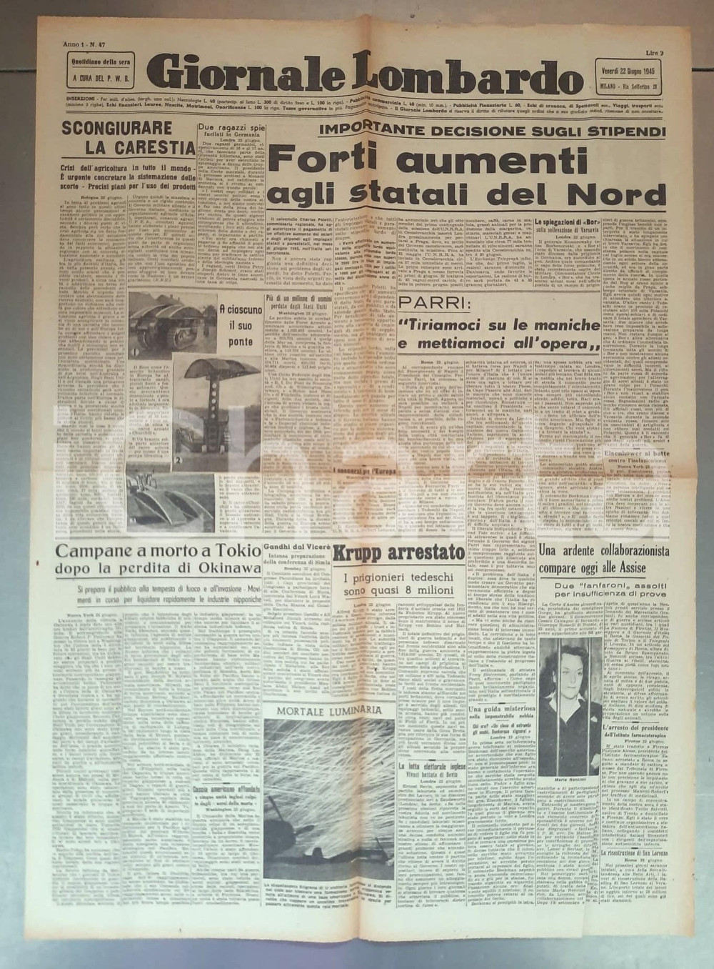 Giornale, rivista storica 1945 GIORNALE LOMBARDO Aumenti agli statali del nord  Arresto Alfred Krupp 1