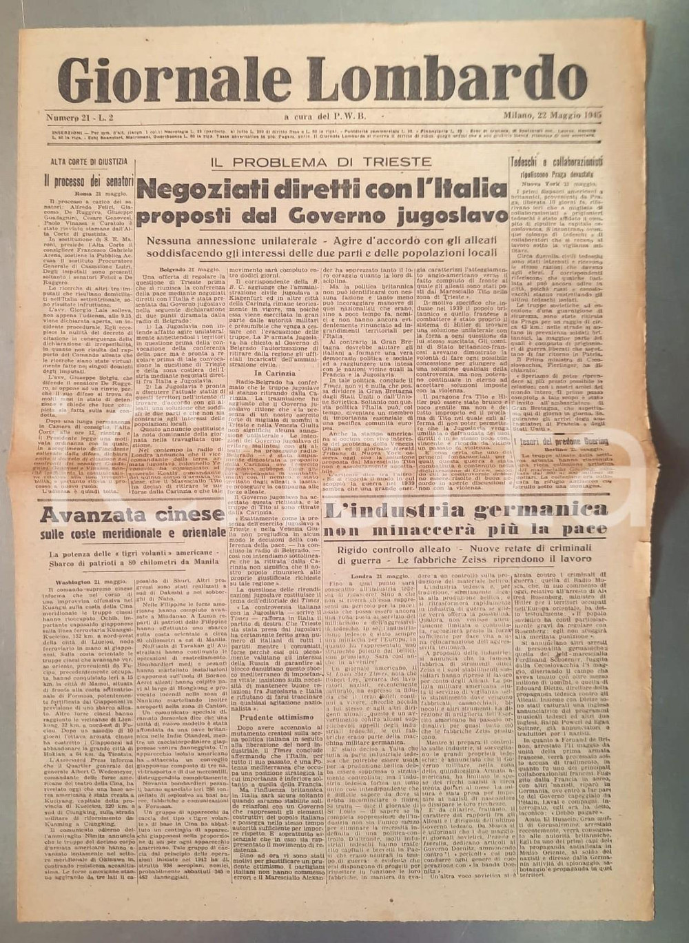 Giornale, rivista storica 1945 WW2 GIORNALE LOMBARDO Negoziati con la Jugoslavia sulla questione Trieste 1
