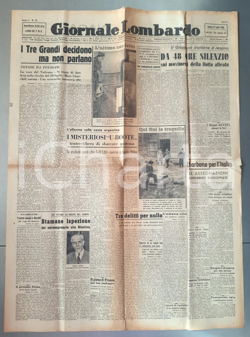 Giornale, rivista storica 1945 WW2 GIORNALE LOMBARDO Falso allarme Hitler in Argentina ULTIMO NUMERO 1