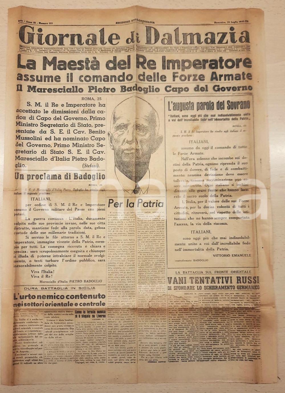 Giornale, rivista storica 1943 WW2 CORRIERE DELLA SERA Comando Forze Armate al Re  Governo Badoglio 1