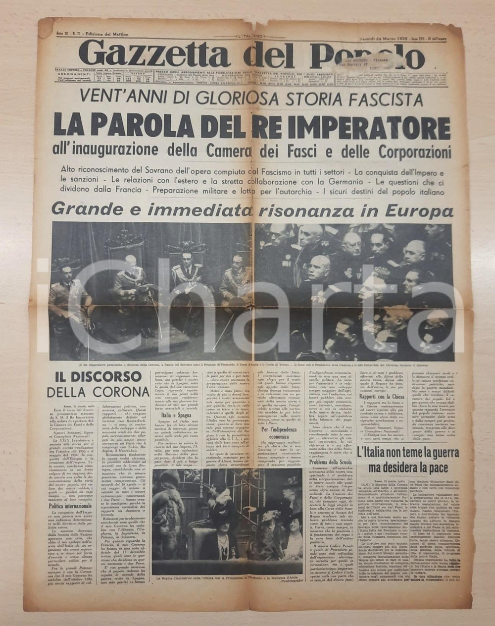 Giornale, rivista storica 1943 WW2 GAZZETTA DEL POPOLO Discorso del re per i 20 anni del fascismo 1