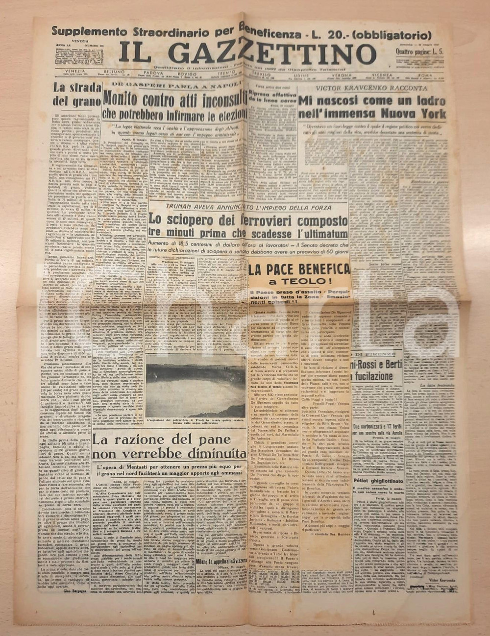 Giornale, rivista storica 1946 IL GAZZETTINO Sciopero ferrovieri USA  Edizione per beneficenza TEOLO 1