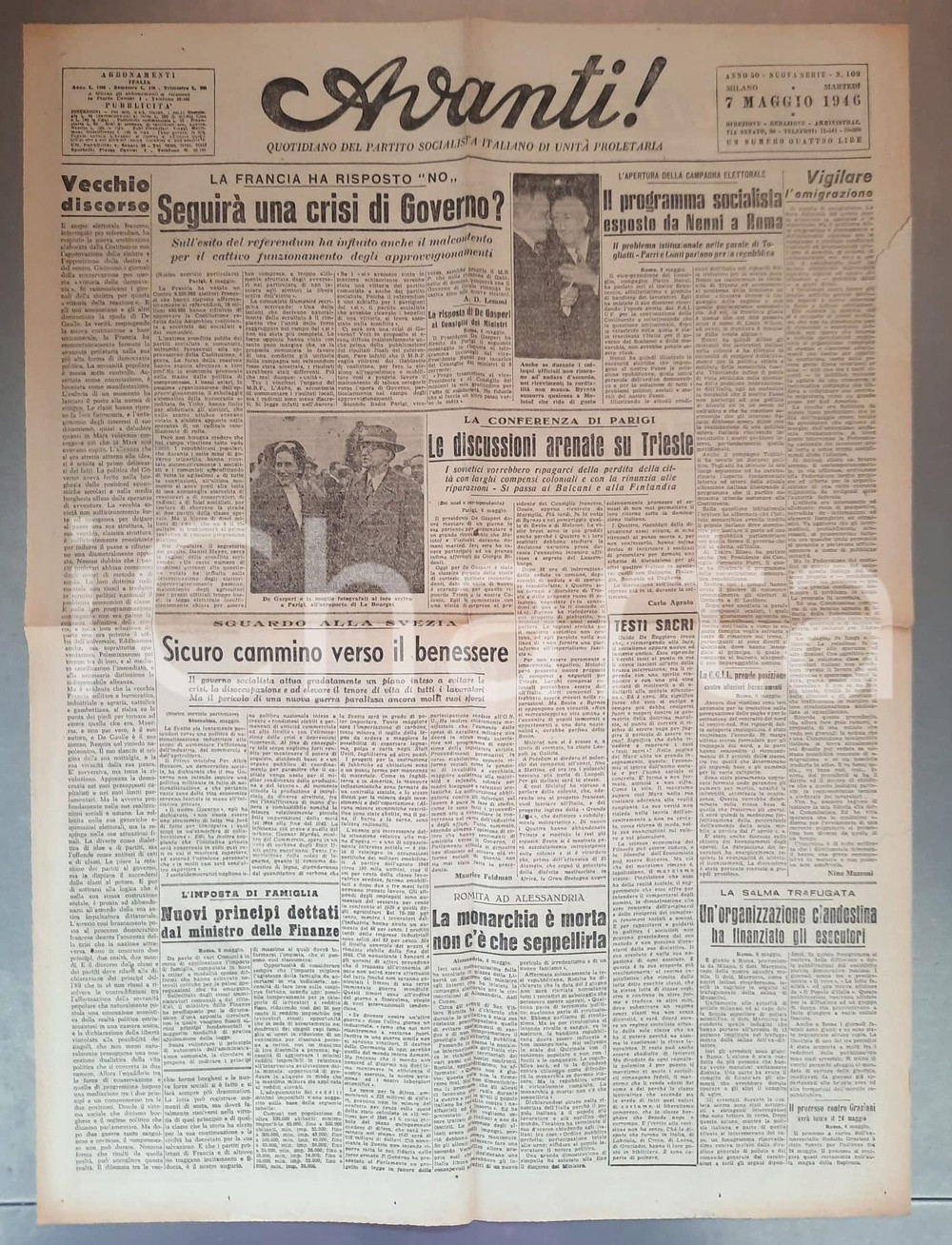 Giornale, rivista storica 1946 AVANTI!  Discussioni su Trieste  Programma socialista di Nenni Giornale 1