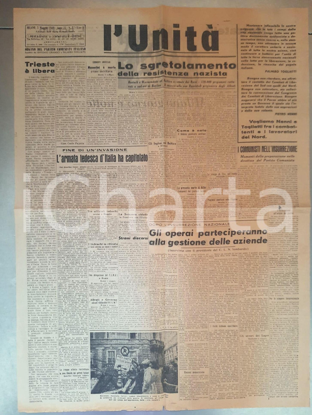 Giornale, rivista storica 3 Maggio 1945 L UNITA  Trieste libera  L armata tedesca ha capitolato Giornale 1