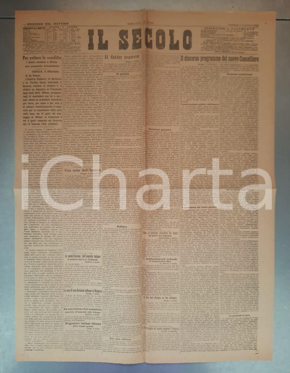 Giornale, rivista storica 1918 WW1 IL SECOLO Proposta di armistizio al presidente USA Wilson Giornale 1
