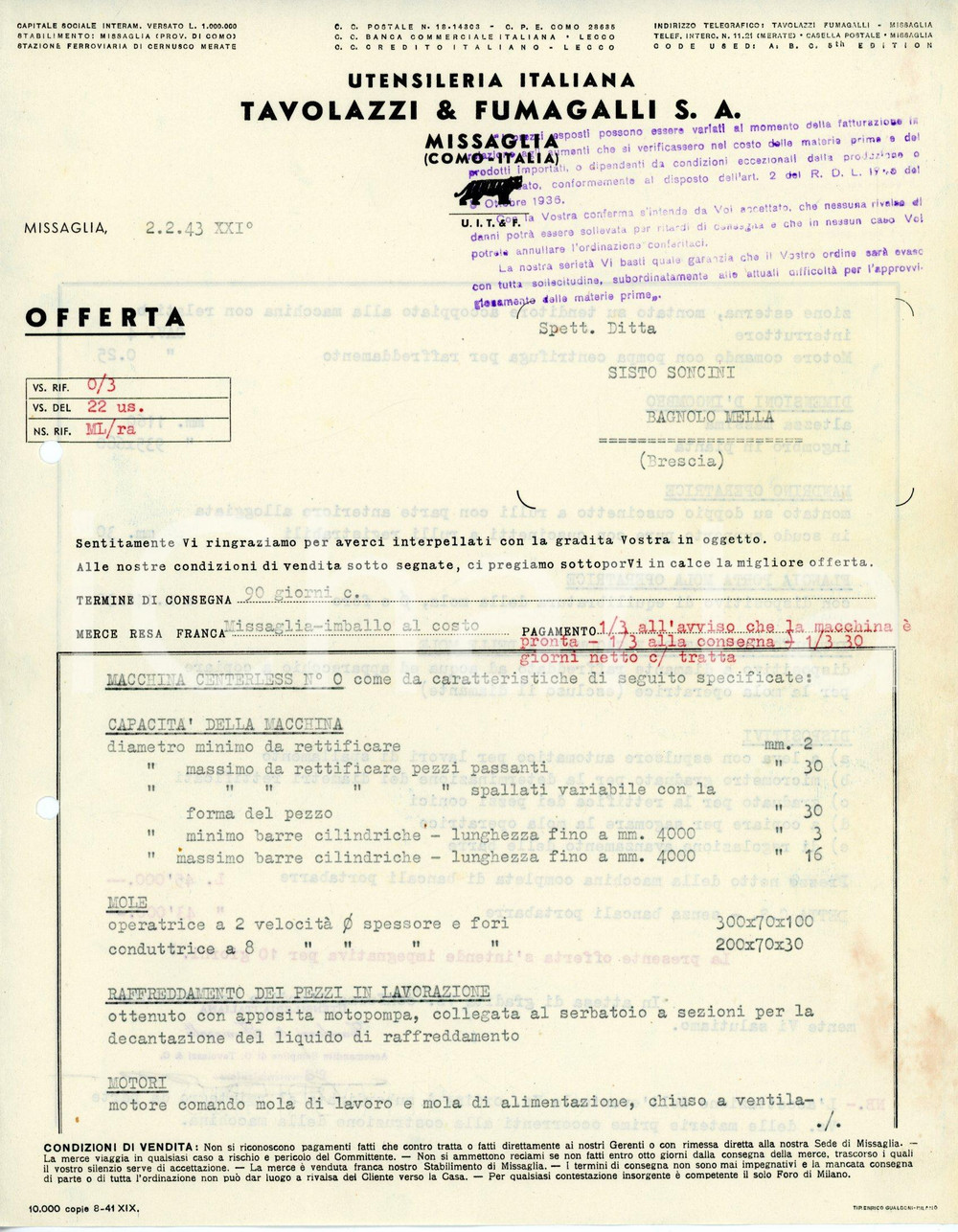 Documento originale, autentico 1943 MISSAGLIA Utensileria italiana TAVOLAZZI & FUMAGALLI Preventivo CENTERLESS 1