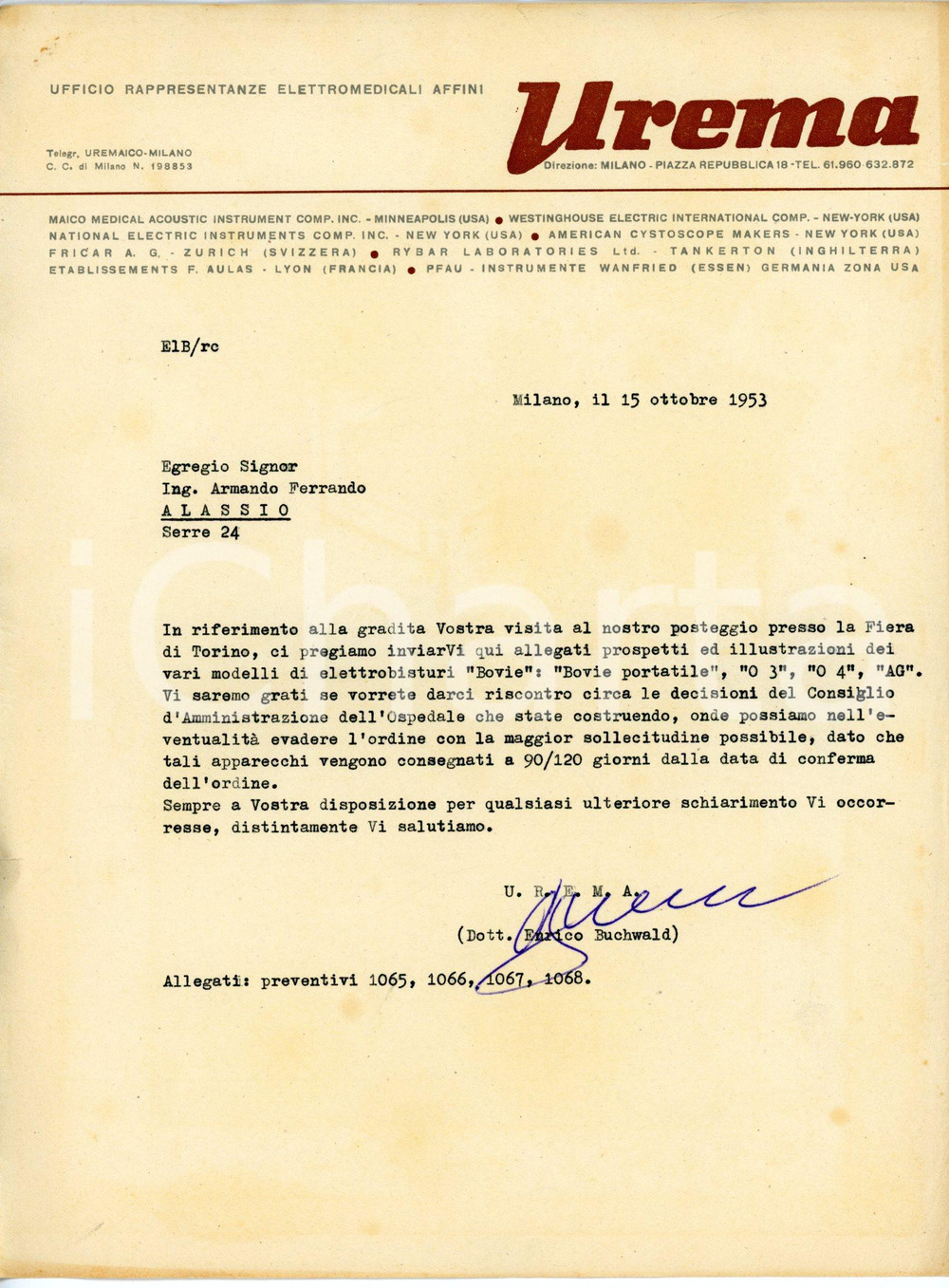 Documento originale, autentico 1953 MILANO Piazza Repubblica 18 UREMA Lettera per elettrobisturi BOVIE 1