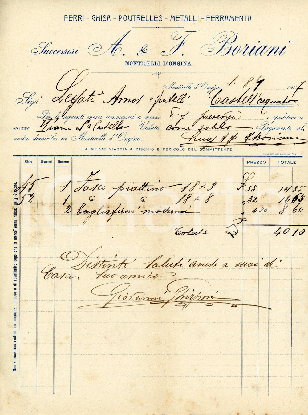Documento originale, autentico 1907 MONTICELLI D ONGINA Ferramenta A. & F. BORIANI Metalli  Fattura 1