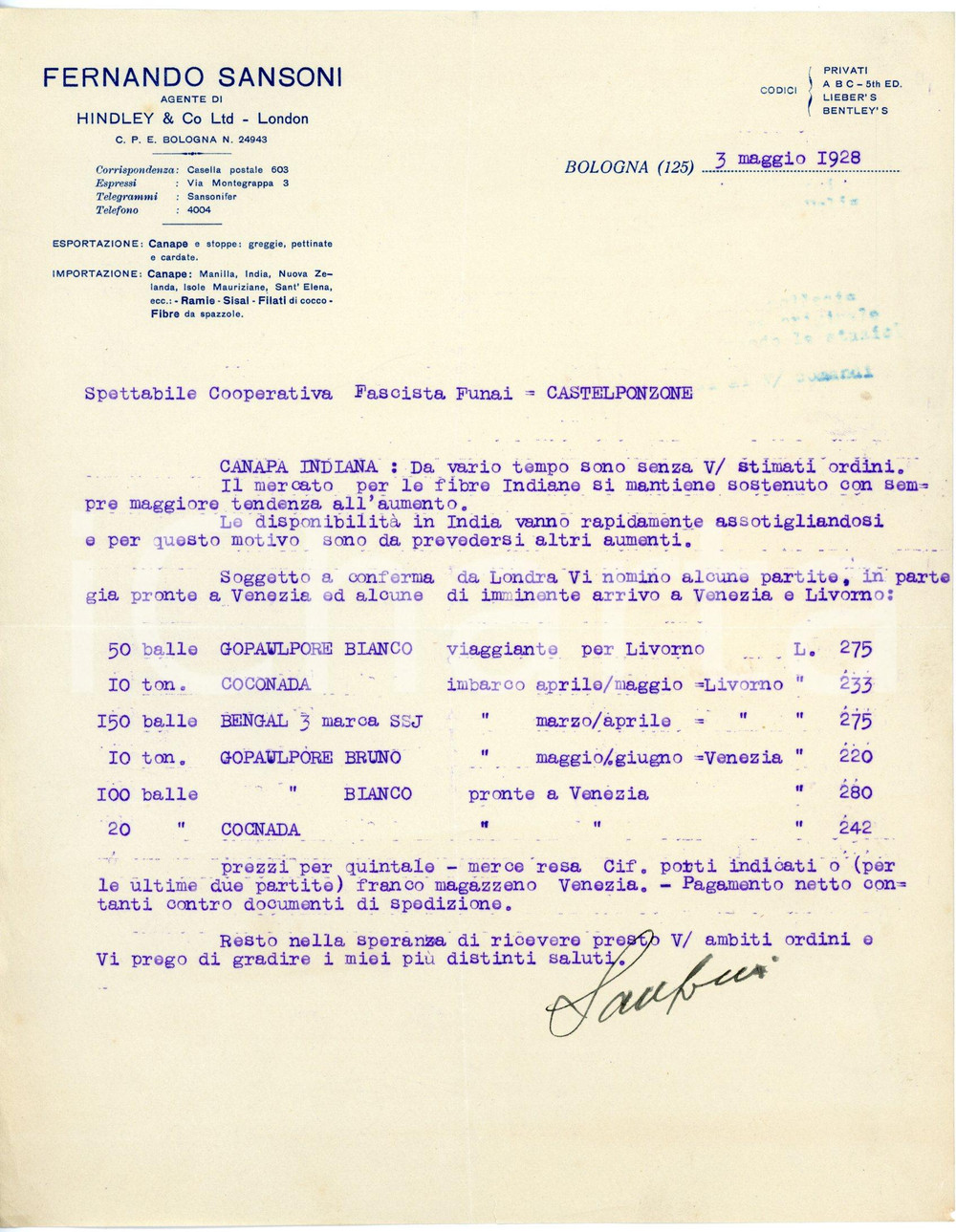 Documento originale, autentico 1928 BOLOGNA Fernando SANSONI Agente HINDLEY Ltd LONDON Lettera canapa indiana 1