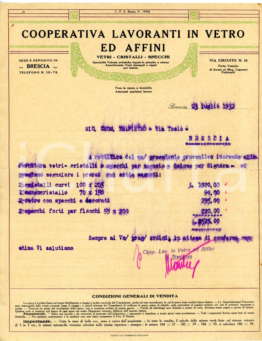Documento originale, autentico 1932 BRESCIA Via Circuito 18 COOPERATIVA LAVORANTI IN VETRO ED AFFINI Preventivo 1