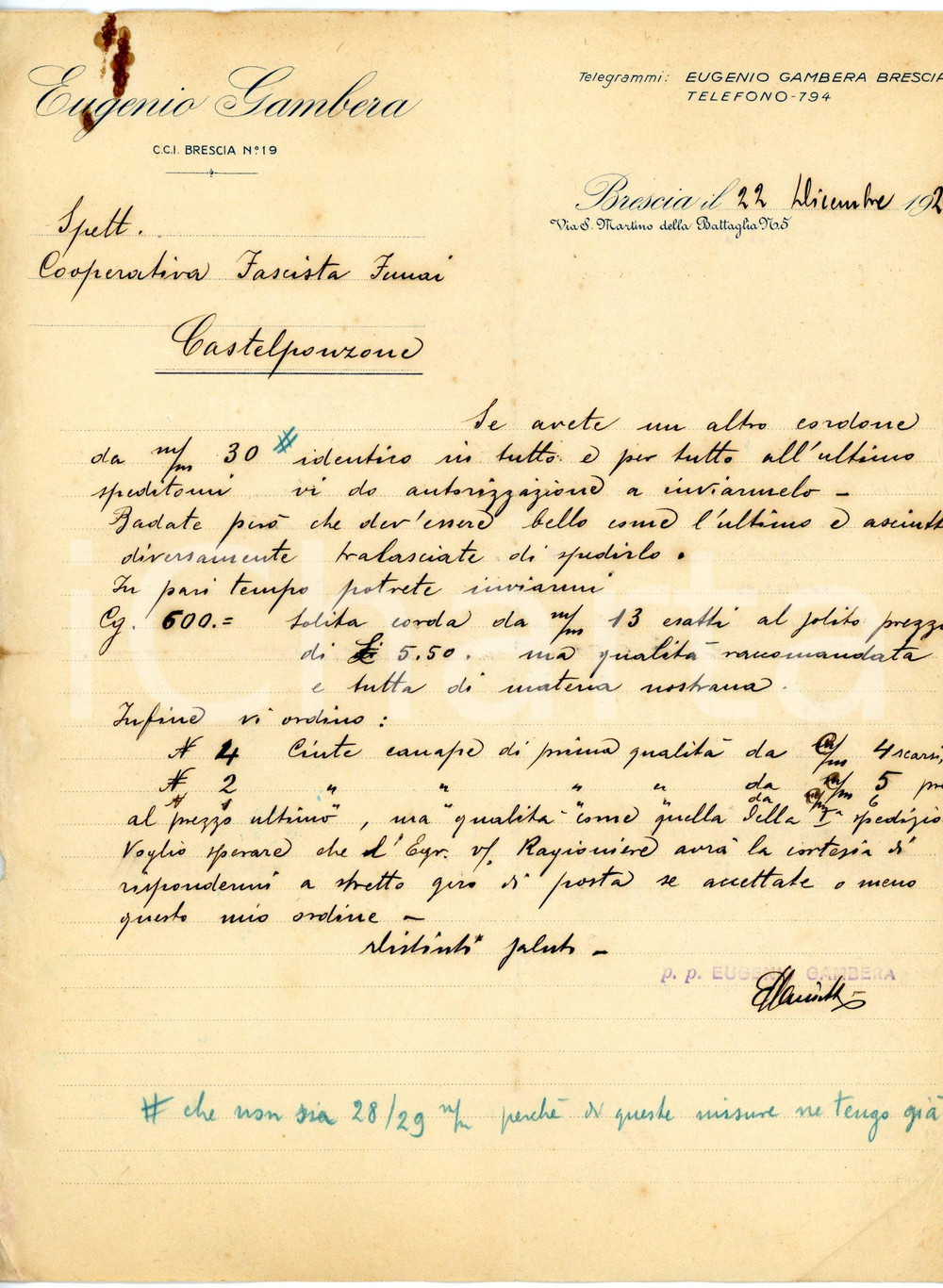 Documento originale, autentico 1927 BRESCIA Via S. Martino della Battaglia 5 Eugenio GAMBERA Lettera per corde 1