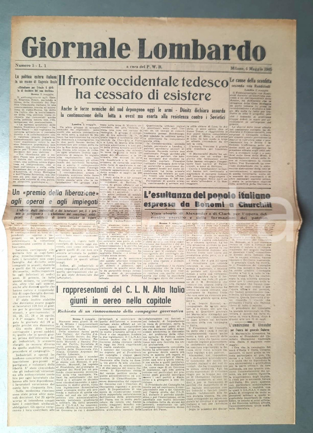 Giornale, rivista storica 1945 WW2 GIORNALE LOMBARDO Fronte tedesco ha cessato di esistere  CLN a Roma 1