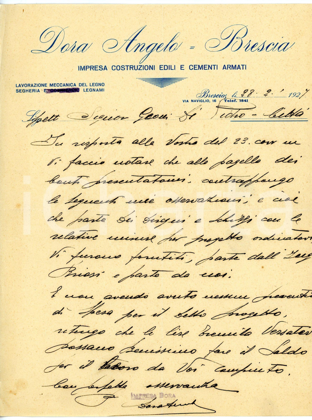 Documento originale, autentico 1927 BRESCIA Via Naviglio 16 Angelo DORA Costruzioni edili  Lettera commerciale 1
