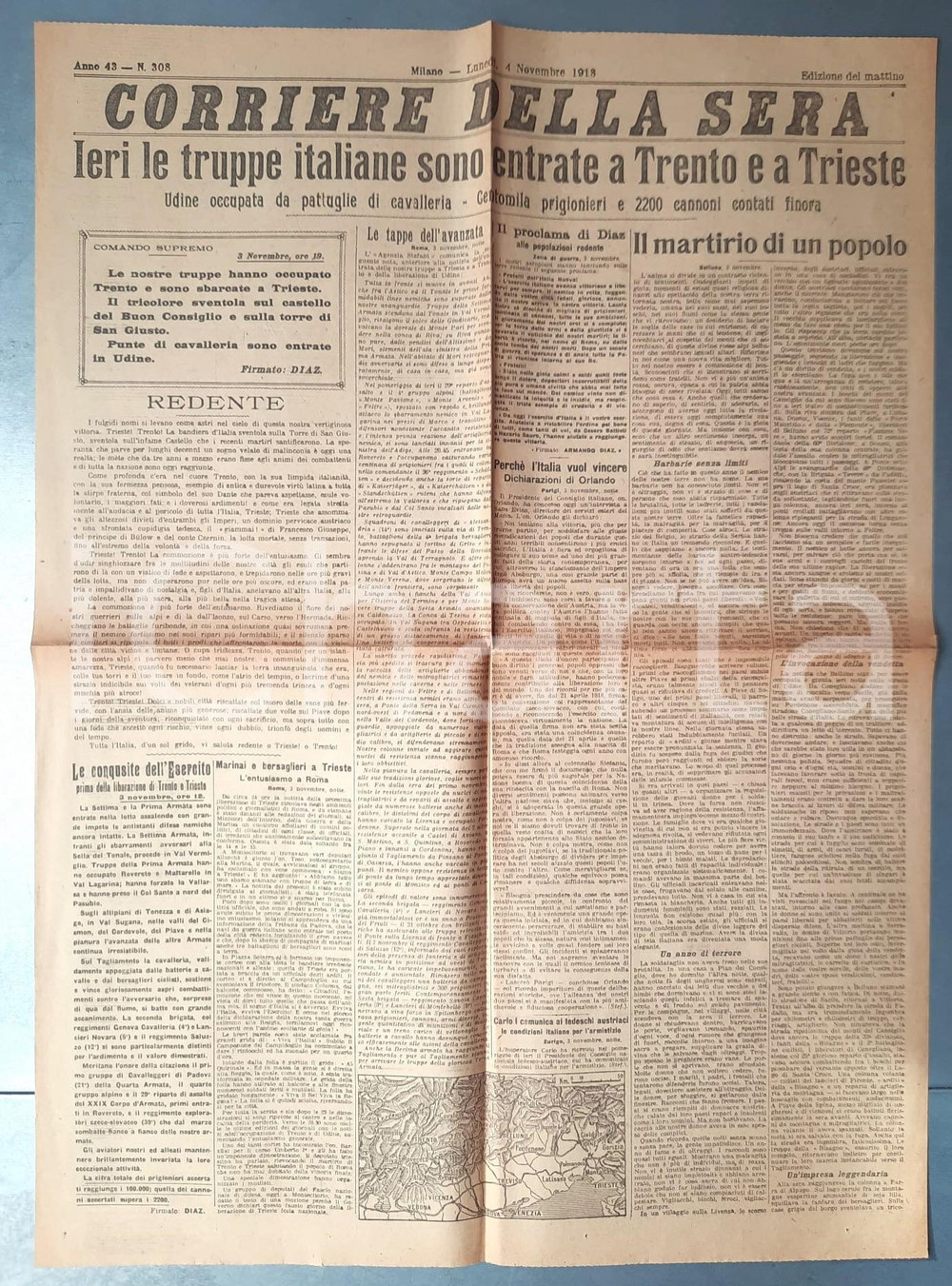Giornale, rivista storica 1918 WW1 CORRIERE DELLA SERA Truppe italiane entrate a Trento e Trieste GIORNALE 1