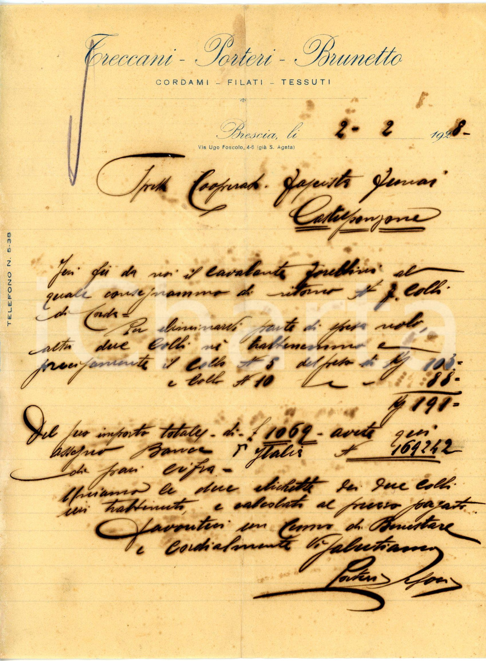 Documento originale, autentico 1928 BRESCIA Via Foscolo 4 TRECCANI PORTERI BRUNETTO Cordami  Lettera 2 1