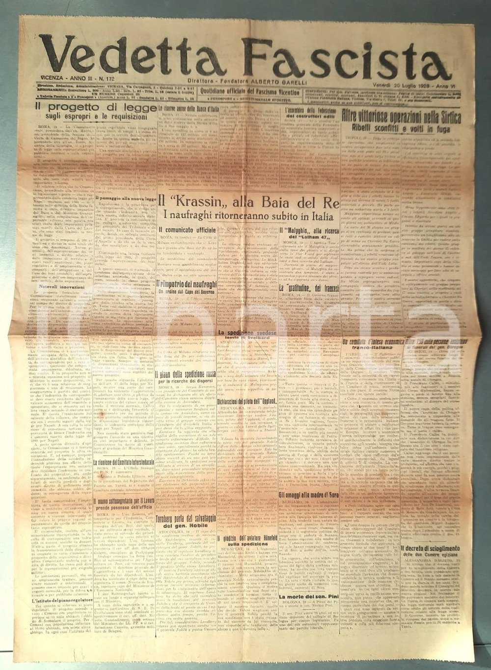 Giornale, rivista storica 1928 VICENZA  VEDETTA FASCISTA Nave Krassin sbarca naufraghi dirigibile Italia 1