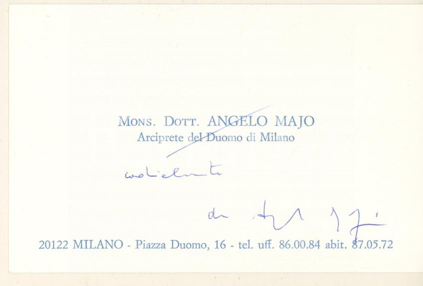 Autografo originale 1990 ca MILANO Mons. Angelo MAJO Arciprete del Duomo  Biglietto autografo 1