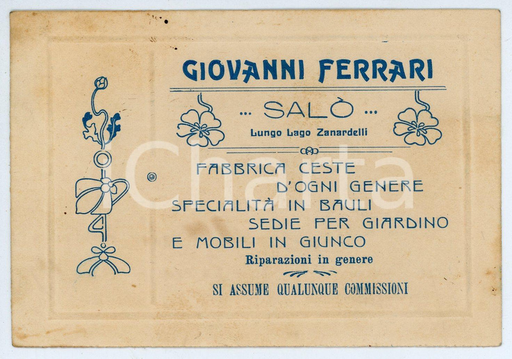 Oggetto da collezione cartaceo 1930 ca SALÒ Giovanni FERRARI Fabbrica ceste e bauli  Biglietto 12x8 cm 1